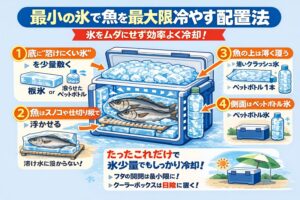 最小の氷で魚を冷やすコツは、・底を冷やす ・魚を浮かせる・冷気を逃がさない。この3点です。釣太郎
