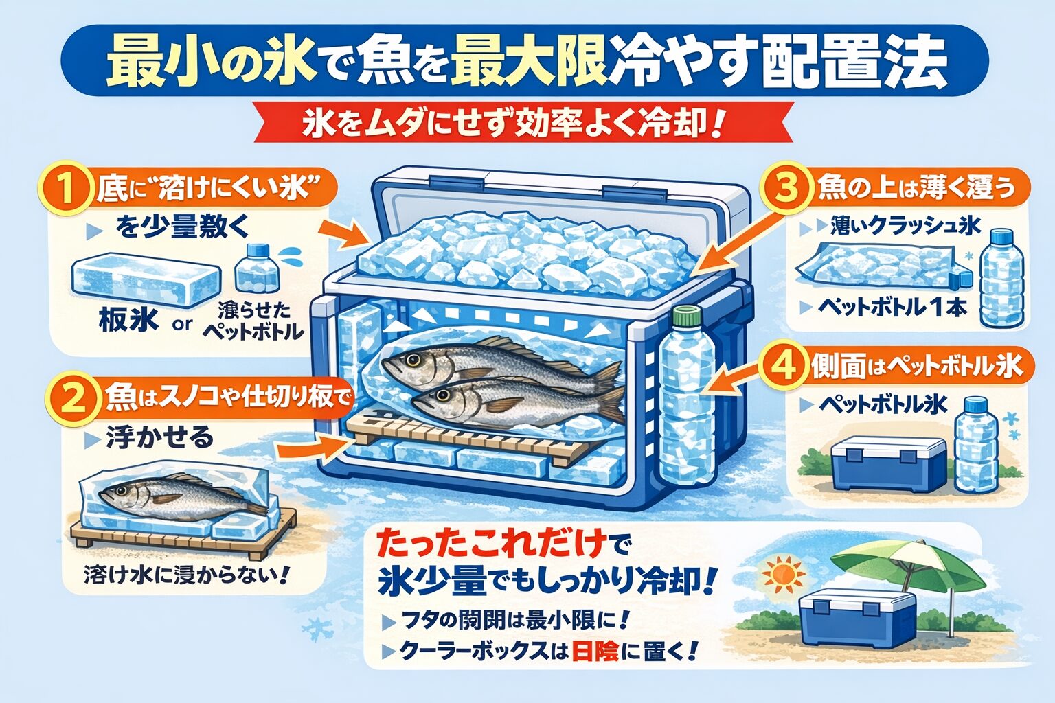 最小の氷で魚を冷やすコツは、・底を冷やす ・魚を浮かせる・冷気を逃がさない。この3点です。釣太郎