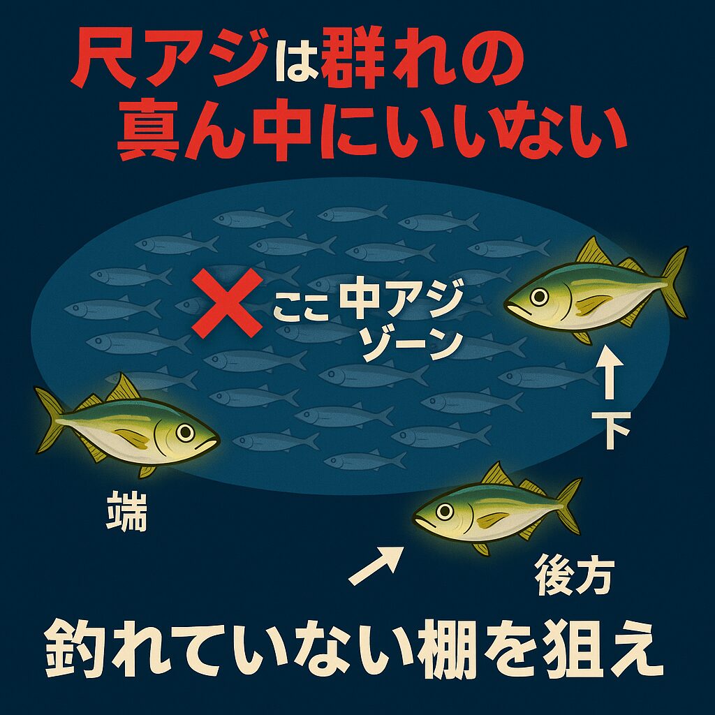 尺アジは群れの真ん中にいない・主な位置は「端・下・後方」・警戒心と行動の違いが理由。釣太郎