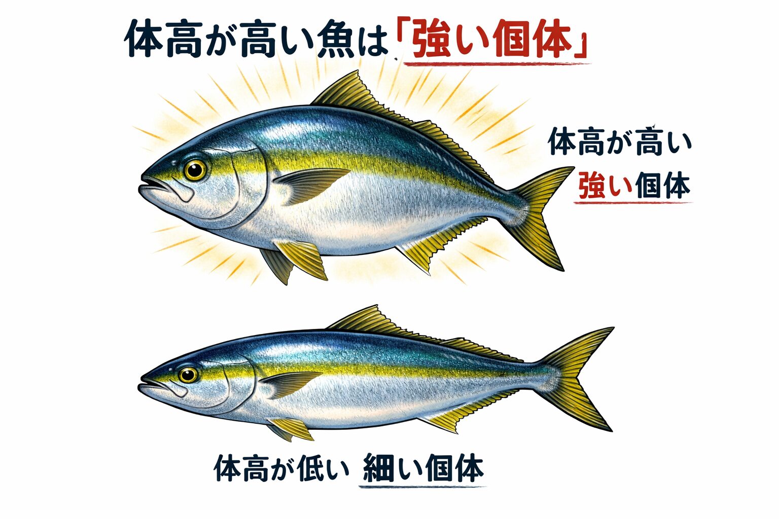 体高差は、魚の「人生の履歴書」。春～夏：餌が豊富で体高が高くなる個体が多い。釣太郎