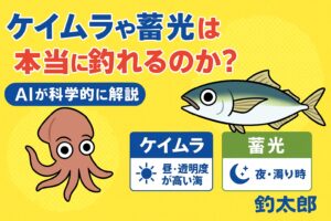 ケイムラは紫外線を利用し“昼間や透明度の高い海”で強い。蓄光は“夜釣りや濁り時”で強烈に効く。アジ・アオリイカは光に特に反応しやすい。釣太郎