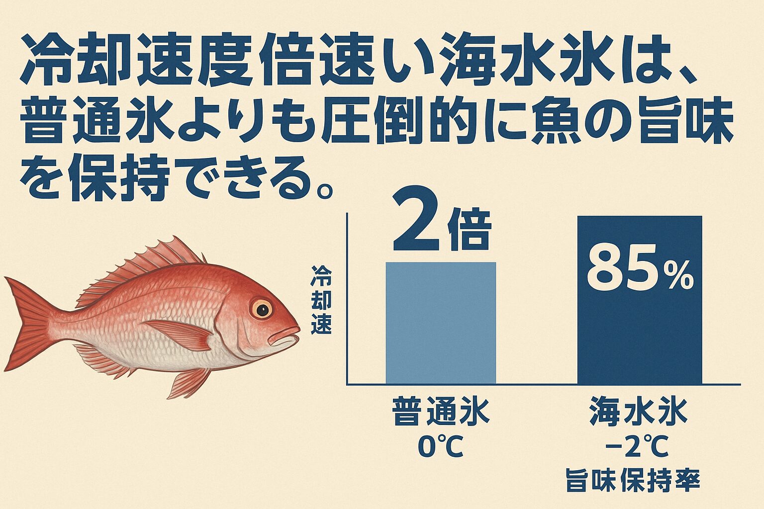 魚の冷却、普通氷（真水氷）と海水氷では、その冷却速度に約2倍の差がある。釣太郎