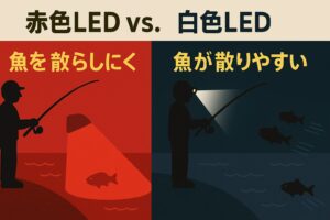 魚は赤色の光を認識しにくい・赤色は水中で減衰しやすい・白色LEDは魚を散らしやすい・赤色LEDは夜釣りの必須装備。釣太郎