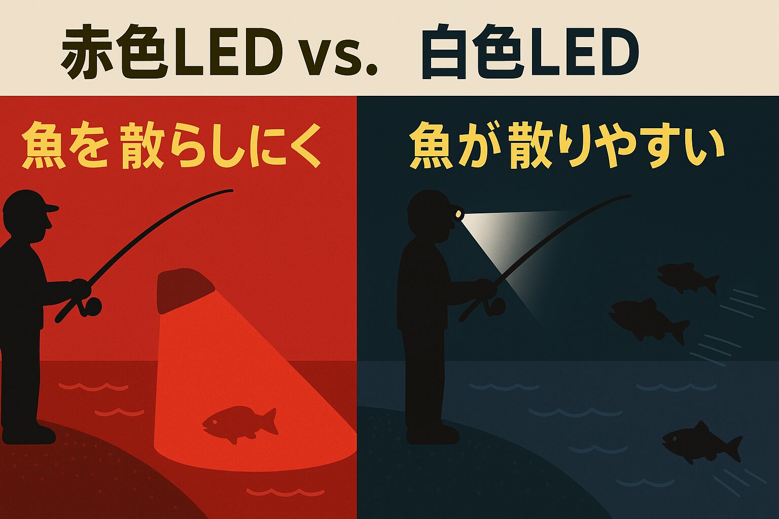魚は赤色の光を認識しにくい・赤色は水中で減衰しやすい・白色LEDは魚を散らしやすい・赤色LEDは夜釣りの必須装備。釣太郎