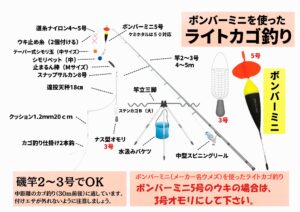 ボンバーウキを使ったライトカゴ釣り仕掛け。南紀の寒社屋釣り仕掛け図説明。釣太郎