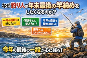 釣り人が年末に竿を出したくなる理由は・区切りを求める人間の本能・体験を重視する釣りの特性・一年の自分を確認する行為・来年へつなぐ心理的スイッチ。釣太郎