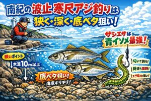 南紀の波止寒尺アジ釣り、狙うのは広場ではなく狭所・水深は深いほど有利・タナは底ベタ一択・サシエサは青イソメが最適.釣太郎