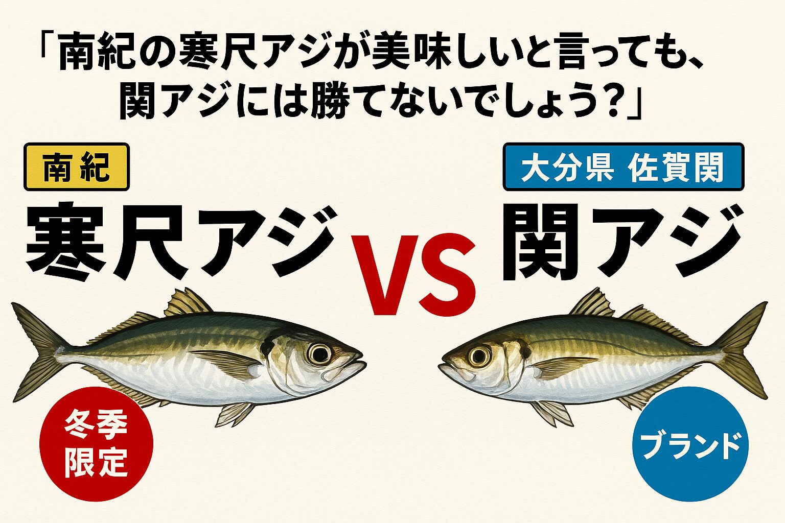 味のインパクト・脂の甘さ → 南紀の寒尺アジが勝る・洗練された味わい・ブランド性 → 関アジが優勢.釣太郎