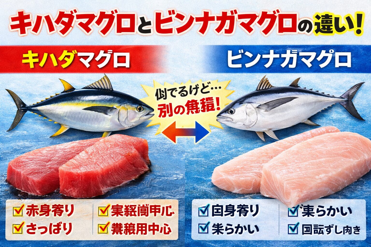 キハダマグロとビンナガマグロは、似ているようで別物。キハダ → 赤身寄り→ さっぱり→ 加工向き。ビンナガ→ 白身寄り→ 柔らかい→ 回転すし向き。釣太郎
