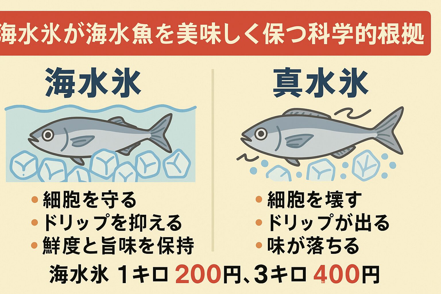 海水魚は真水に弱い。 真水氷は旨味を流す。 海水氷は細胞を守る。 釣太郎の海水氷は、釣果を価値に変える氷。