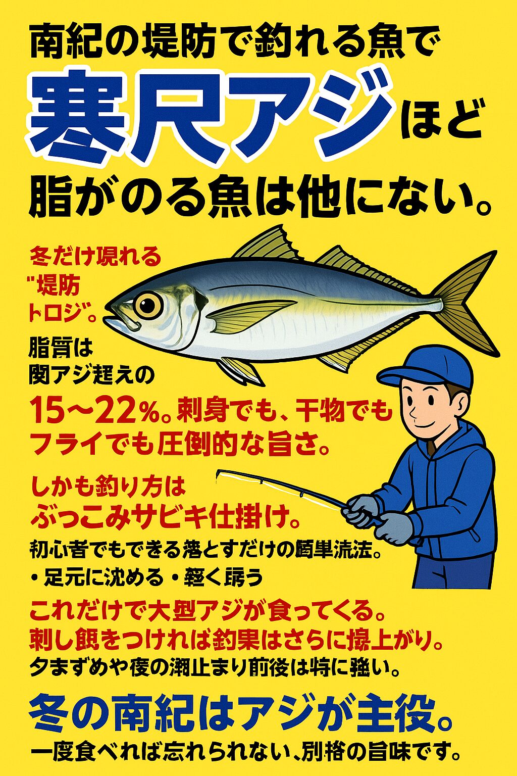 南紀の寒尺アジは、堤防から釣れる魚として脂のりが全国トップクラス。関アジを上回るレベルの“トロアジ”が冬だけ堤防に接岸します。釣太郎