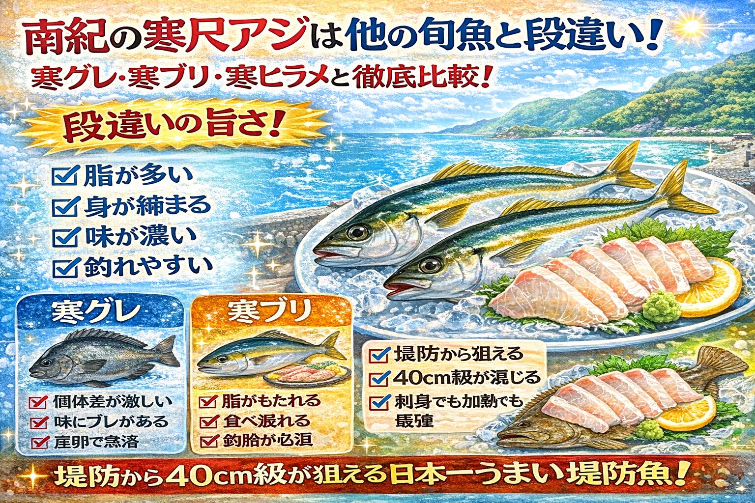 南紀の寒尺アジは・寒グレより安定・寒ブリより軽い・寒ヒラメより旬が長い。すべてにおいてバランスが異常に高い。釣太郎