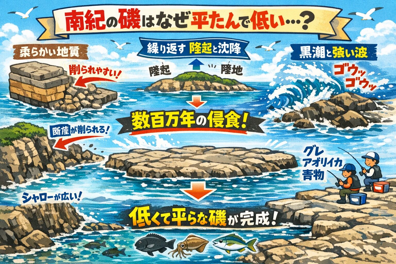 南紀の地磯は削られてできた磯。平たんで低いのは黒潮と波の力が 何百万年も削り続けた結果。釣太郎