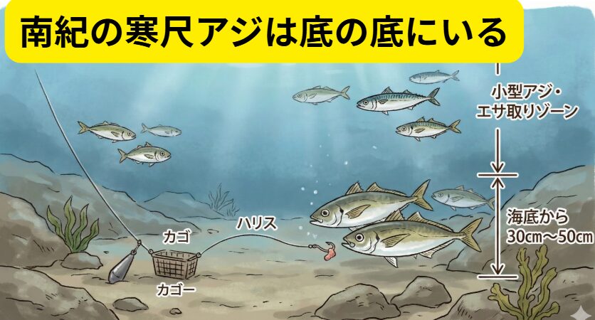 大型アジは「海底から30cm～50cm」にいる。南紀の堤防寒尺アジ釣り。釣太郎