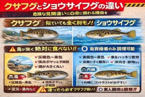 クサフグとショウサイフグは似ているが、結果は正反対。見た目も釣れる場所も似ています。釣太郎