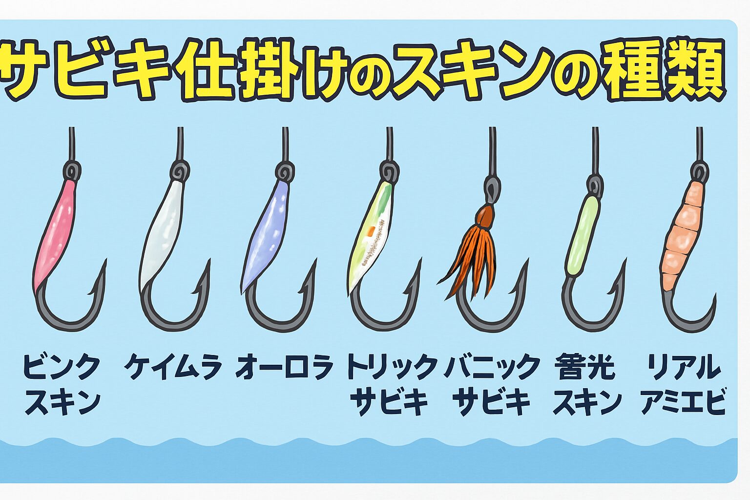 サビキのスキン。迷った時はピンク。晴天ならハゲ皮。濁りなら白スキン。夜釣りはグリーン。食い渋り時はケイムラ。釣太郎