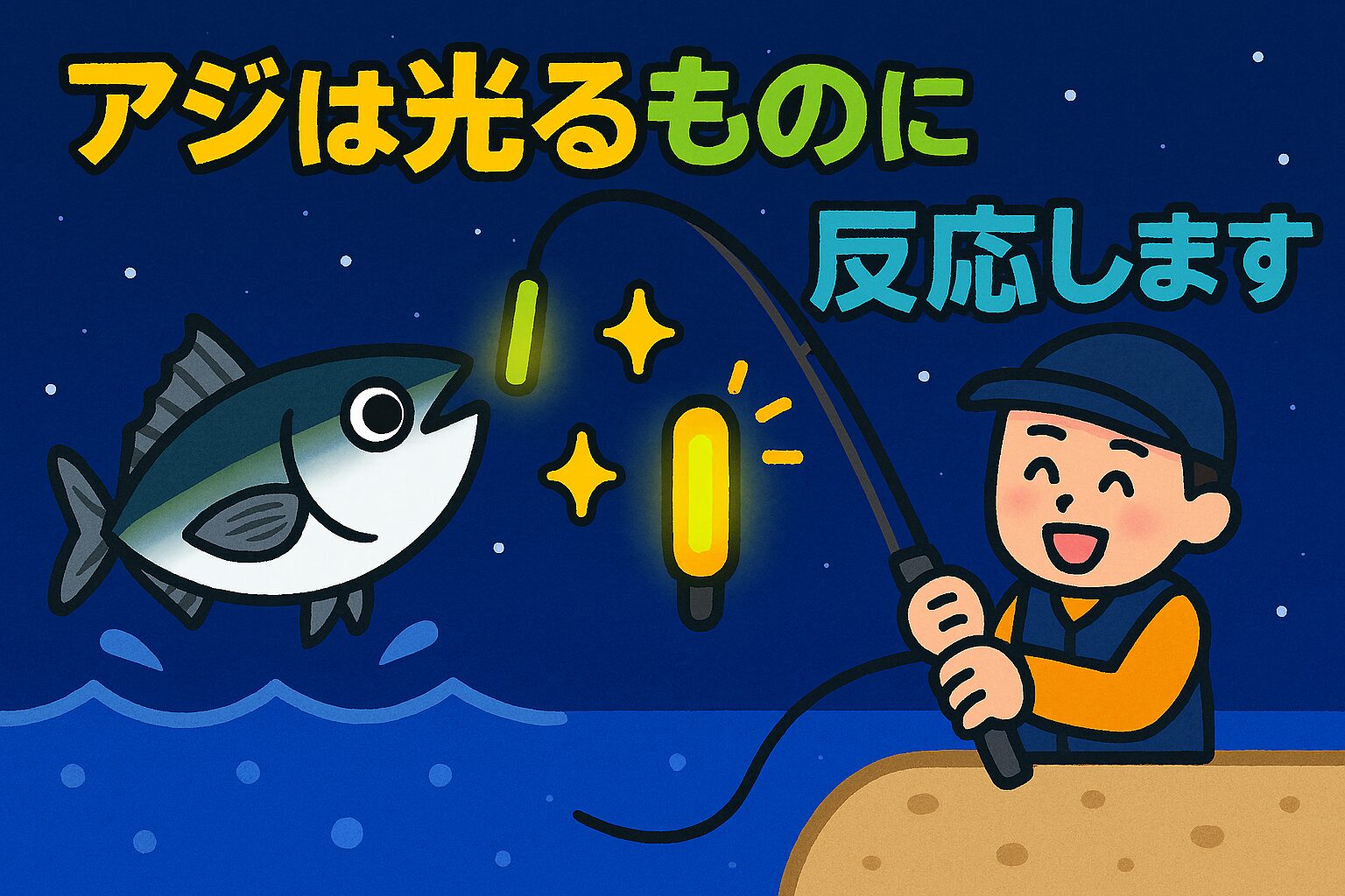 夜釣りで寒尺アジを狙うなら、光る仕掛けは必須。ケミホタルや電気ウキは、視認性だけでなく魚へのアピールにも効果的。釣太郎