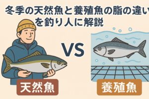 冬季の天然魚は、自然環境と生存本能が生み出す奇跡の脂。一方、養殖魚は人の手で安定供給される脂であり、便利だが「旬の感動」は得られにくい。釣太郎