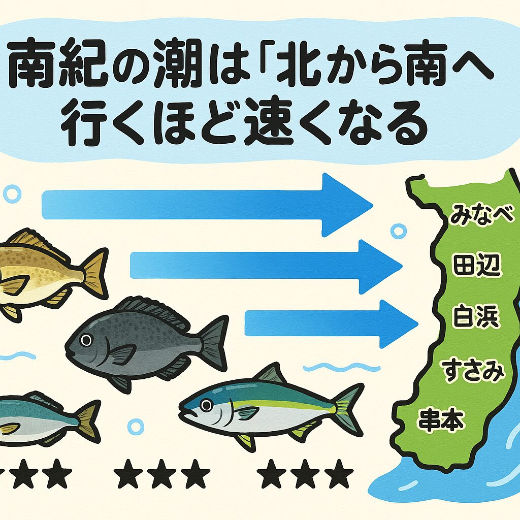 南紀の潮は「北から南へ行くほど速くなる」 南紀の潮まわりは、 みなべ → 田辺 → 白浜 → すさみ → 串本 の順に黒潮の影響が強まり、潮が速くなる。釣太郎