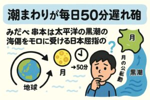 潮まわりが毎日約50分遅れるのは、 地球の自転と月の公転のズレによって、同じ位置に月が来るのが50分遅れるため.釣太郎