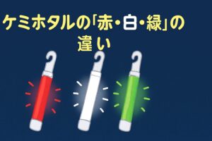 ケミホタル、白：明るいが魚は逃げやすい。 赤：魚に見えにくく最も有利。緑：視認性とプレッシャーのバランスが良い。夜釣り入門。釣太郎