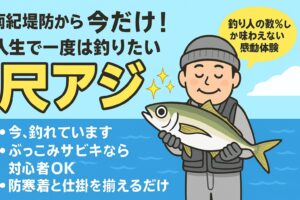 南紀の堤防から釣れる寒尺アジは、 釣り人の数％しか味わえない感動体験。 この冬、あなたも人生で一度の尺アジを狙ってみませんか？釣太郎