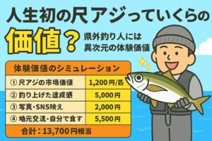 地元民には当たり前でも、 県外釣り人にとっては1匹で13,700円相当の価値がある尺アジ。釣太郎