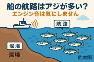 深場のアジはエンジン音をほぼ警戒しない 。航路は潮通しが良く、アジが溜まりやすい。 浅場や夜は多少影響が出ることもある。釣太郎