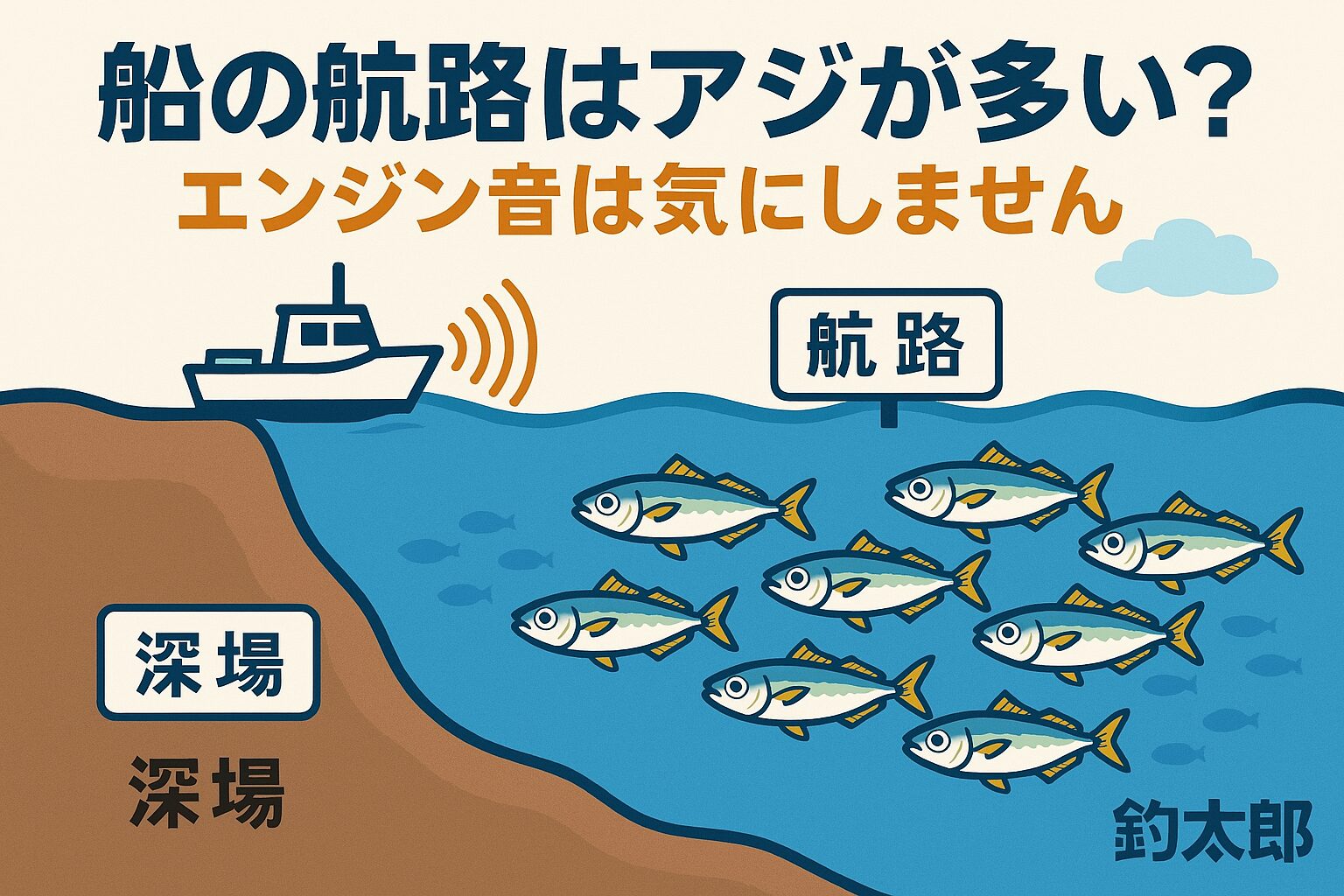 深場のアジはエンジン音をほぼ警戒しない 。航路は潮通しが良く、アジが溜まりやすい。 浅場や夜は多少影響が出ることもある。釣太郎