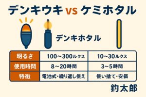 デンキウキ：明るく遠くまで見える。波間でも沈み込みが分かりやすい。ケミホタル：近距離なら十分。常夜灯がある場所では問題なし。釣太郎