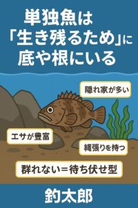 単独魚が底や根にいる理由は、すべて生存戦略に基づいています。✅エサが豊富✅隠れ家が多い✅縄張りを持つ ✅待ち伏せ型の捕食スタイル。釣太郎