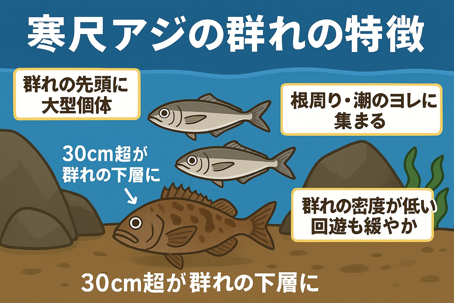 寒尺アジの群れは、 ✅サイズ分布が縦に分かれる✅大型が先頭にいる✅居付き型で堤防に定着✅根周り・底層に集まる。釣太郎
