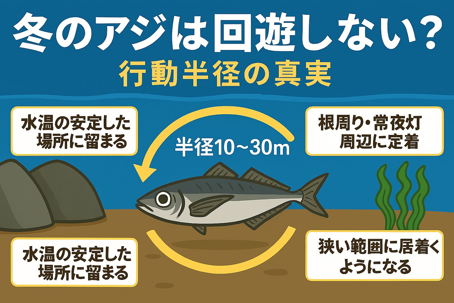 冬のアジは、✅水温変化を嫌い✅エサが底に集まる✅代謝が落ちて省エネ行動になるという理由から、回遊せず狭い範囲に居着くようになります。釣太郎