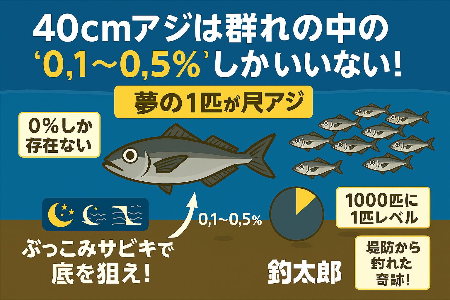 40cmアジは、群れの0.1〜0.5％しか存在しない。成長に時間がかかり、居場所も限られる。釣れるタイミング・場所・仕掛けが極めて限定的という、まさに“選ばれし魚”。釣太郎