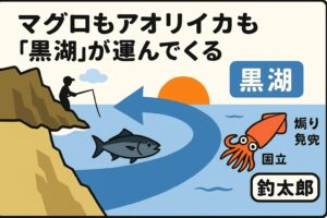 南紀の海は、黒潮が最接近する地理的条件。 複雑で魚に優しい地形 。豊富なベイトと安定した水温。回遊魚が接岸しやすい環境。という要素が揃った、日本屈指の釣り場です。 マグロもアオリイカも、黒潮が運び、南紀の地形が受け止める。釣太郎