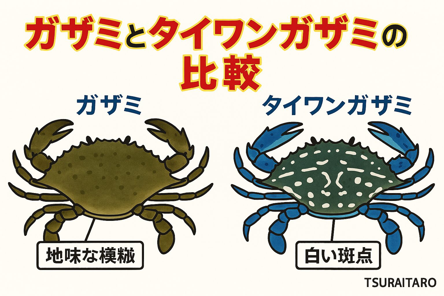 ワタリガニは2種類、地味な模様 → ガザミ、白い斑点＋青い脚 → タイワンガザミ。釣太郎