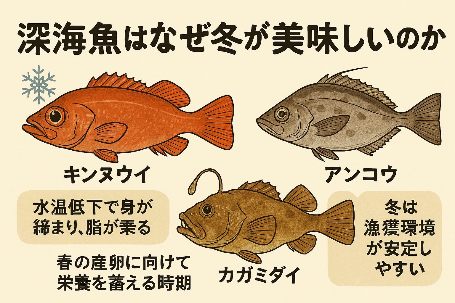 深海魚は「冬こそ旬」の理由がある。冬は水温が下がり、魚が脂を蓄える季節。春の産卵に向けて栄養を蓄えるタイミング。漁獲環境が安定し、鮮度の良い個体が流通。釣太郎