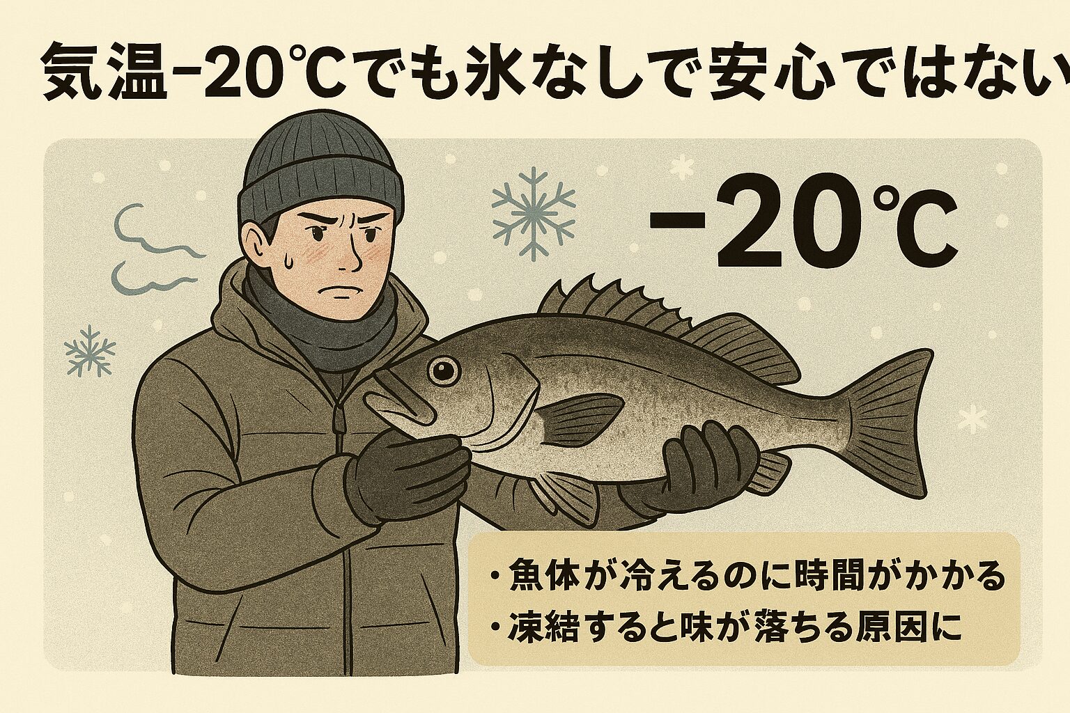 魚冷却、気温が低くても、魚体の冷却には時間がかかる。凍結は鮮度保持ではなく、品質劣化の原因になる。0℃前後は腐敗菌が活性化しやすく、最も危険な温度帯。釣太郎