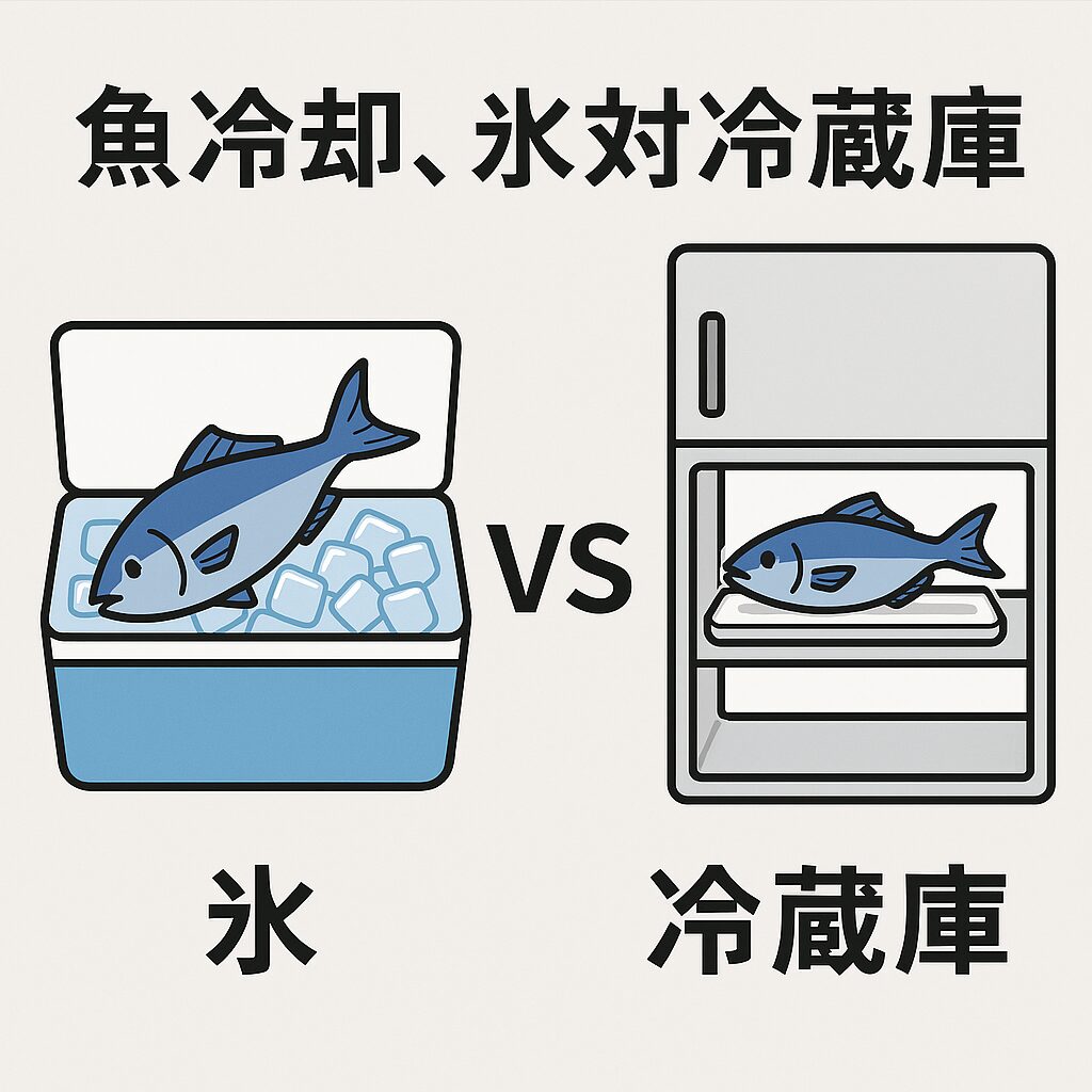鮮度を守るには「急冷 → 温度管理」がすべて 釣った魚の鮮度を最大限に保つには、釣り場では氷でしっかり冷やす。自宅では冷蔵庫で丁寧に保存する.釣太郎