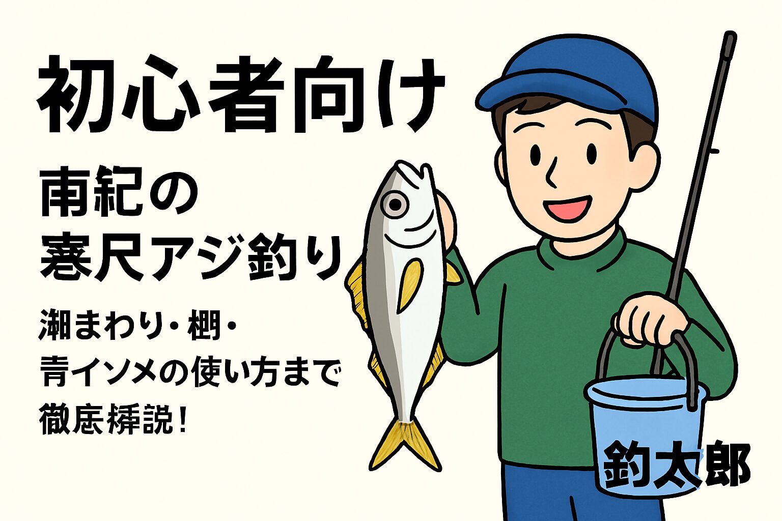 初心者が尺アジを釣るための3つのポイント。潮まわりは気にしすぎなくてOK。潮通しの良い堤防を選ぶことが重要。棚は底狙い。ぶっこみサビキで簡単に攻略可能。サシエサは青イソメが最強。釣太郎