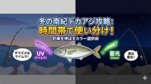南紀の大型寒アジ釣りは、「ケイムラ」でマズメのゴールデンタイムを制する。日が落ちたら「蓄光」に切り替える。釣太郎