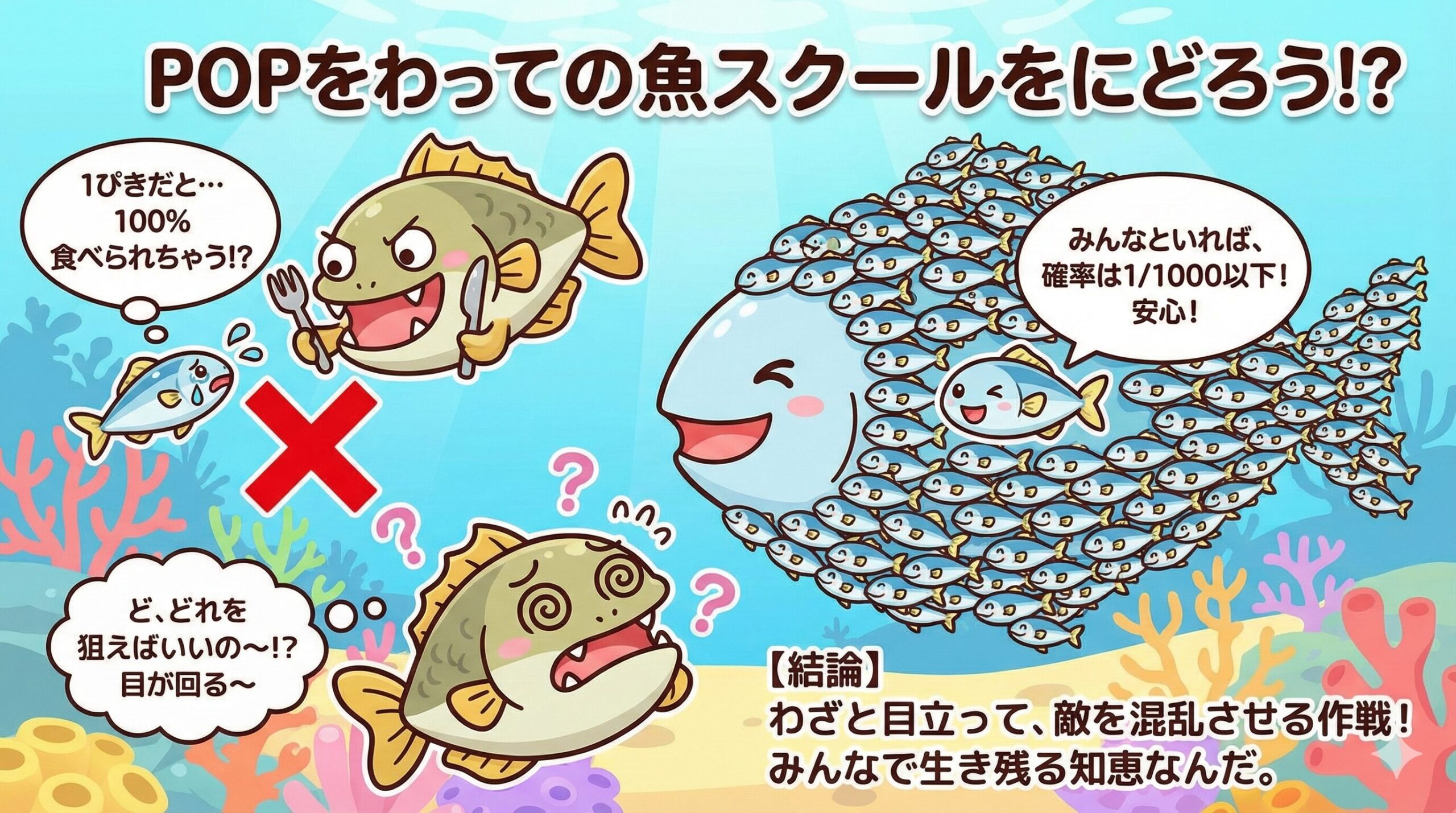 魚が群れる理由は、仲間がいれば、自分が食べられる確率は低くなる。大勢で動き回って、敵の目を回させる。たくさんの目で見張り合って、危険をいち早く察知する。釣太郎