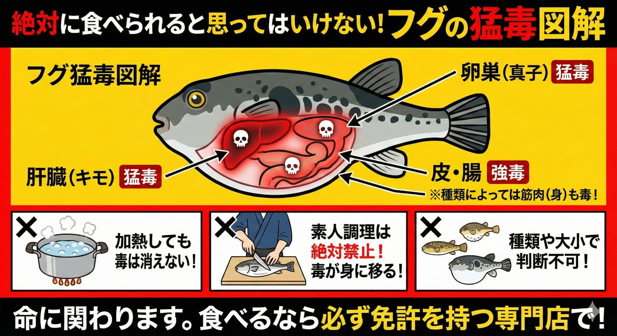 フグ調理は素人が危険な理由は、種類や大小にかかわらず、素人判断は不可能。加熱しても毒は消えない。素人がさばくと、身に毒が移る。釣太郎