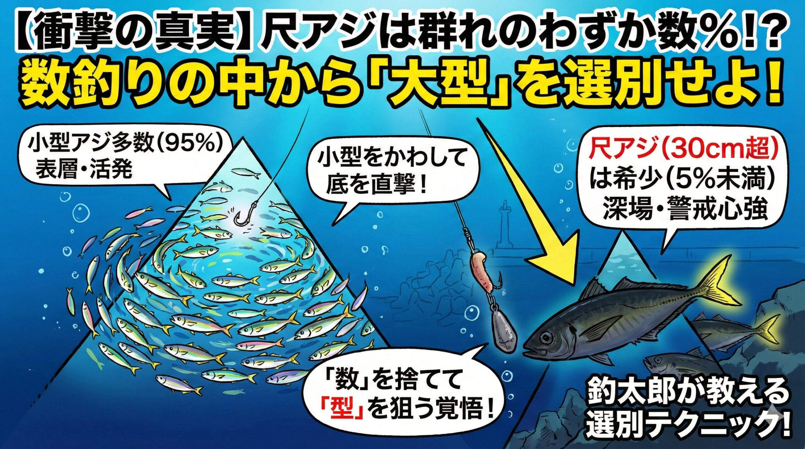 尺アジは群れの数％しかいない希少な存在。 小型の猛攻をかわし、底を直撃することで確率は上がる。「数」を捨てて「型」を狙う覚悟が必要。釣太郎