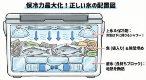 クーラー内魚の冷却方法。底に「ブロック氷」を敷く。魚を入れる。 一番上に「砕き氷」か「保冷剤」を乗せる。 隙間をタオルなどで埋める。「氷は上にも置く」。釣太郎