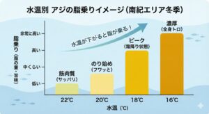 南紀の寒尺アジは「水温」で味が激変する！？22℃～16℃の脂乗り変化と期間を徹底解説.釣太郎