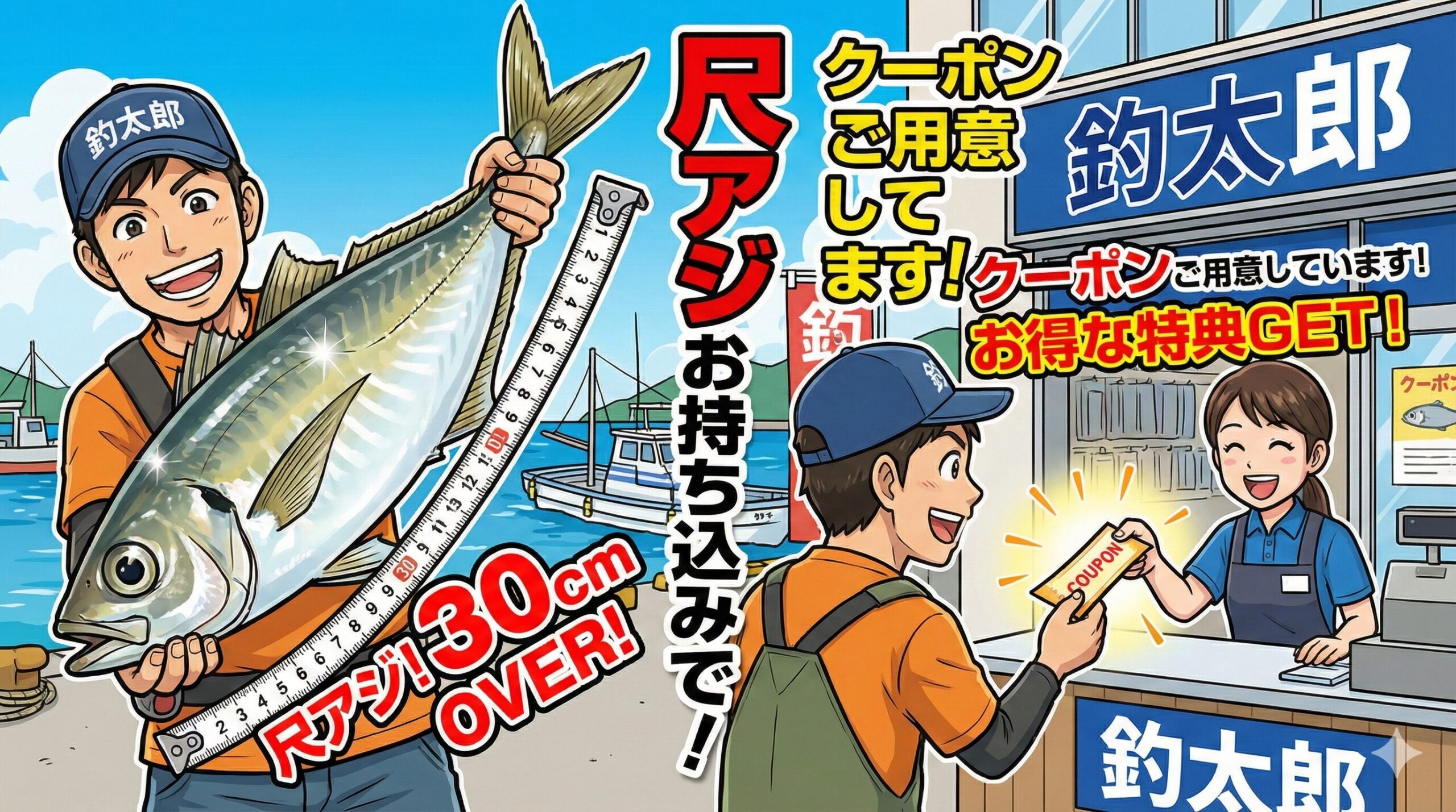 尺アジ釣ったら、気軽にお持ち込み下さい。クーポン券ご用意しています。釣太郎