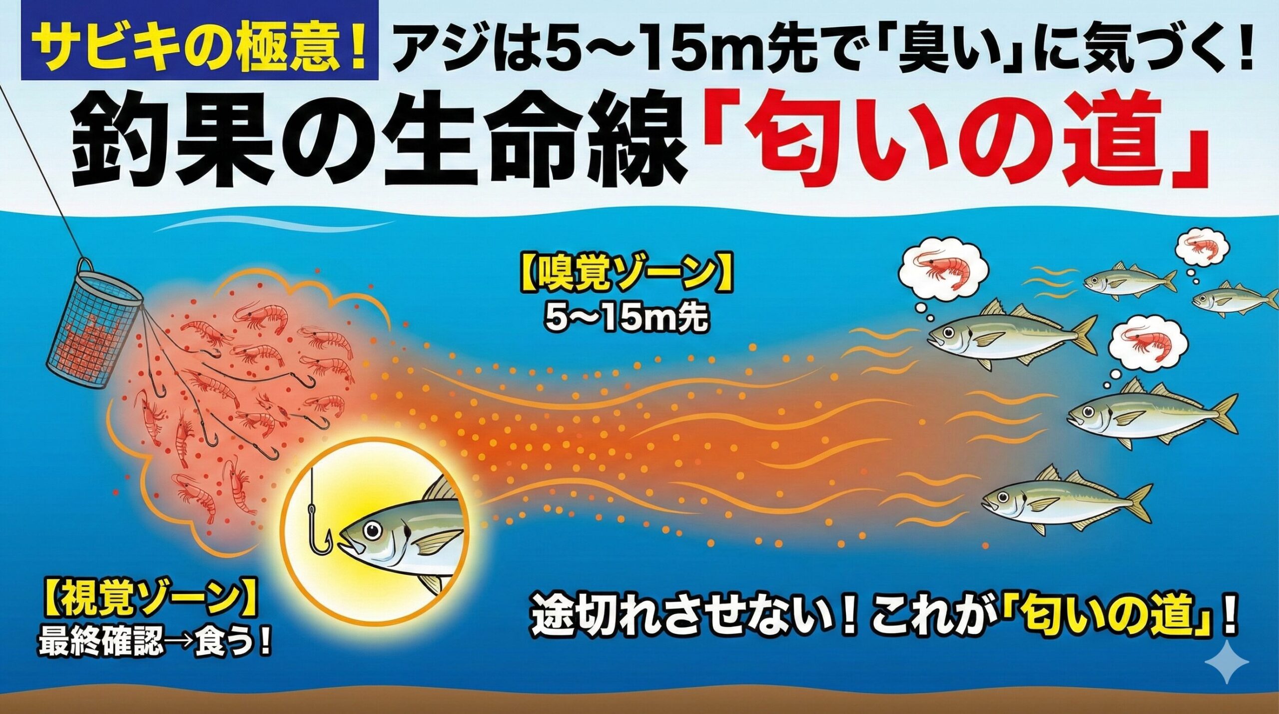 アジのアミエビ嗅覚レーダーは「5m〜15m」サビキ釣り入門。釣太郎