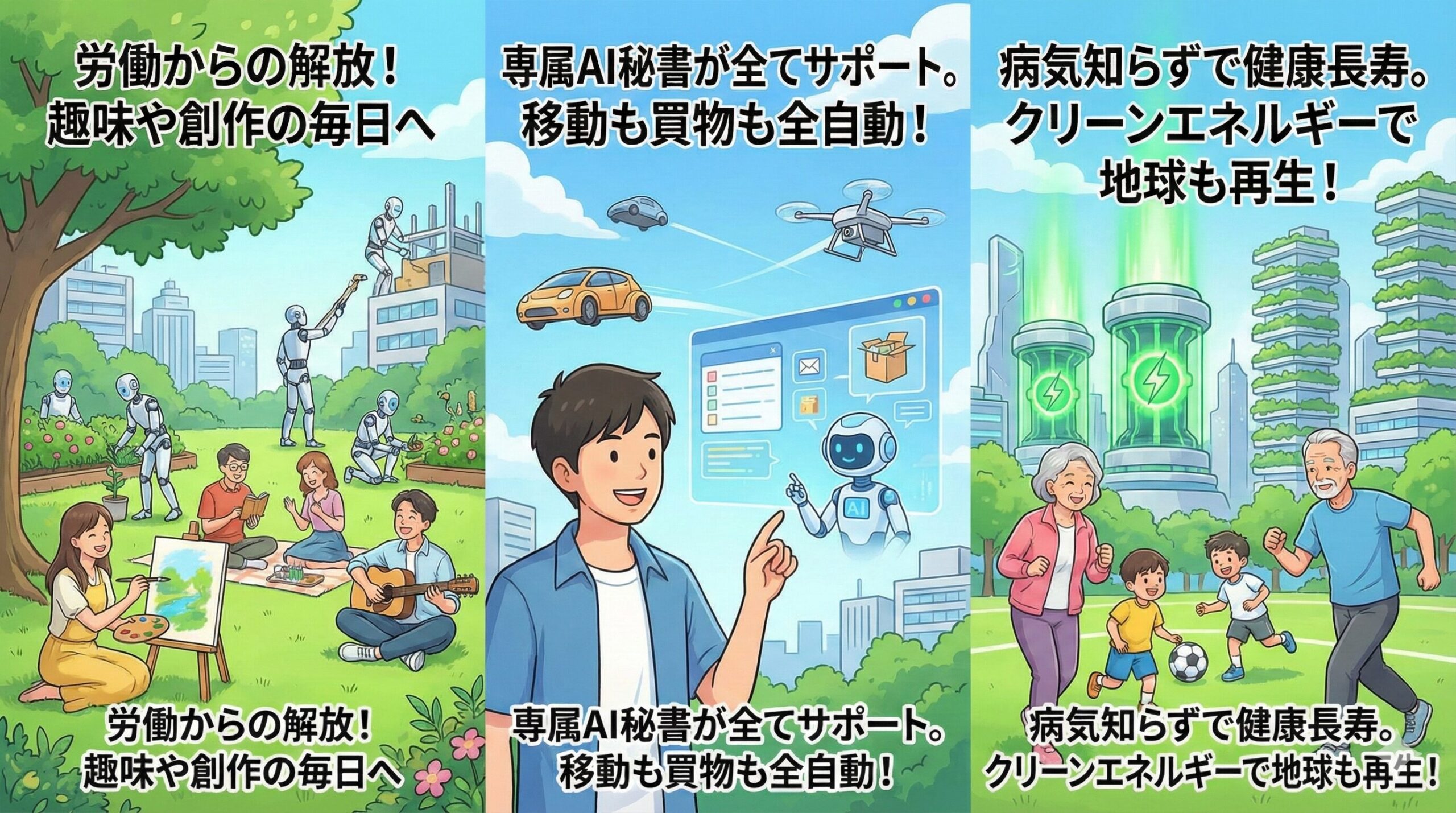 超人工知能は、早ければ10年ほどで登場する。その時、「病気や労働の苦役から解放される」夢のような生活を手に入れるか、あるいは「AIに主導権を握られる」かの岐路に立つことになる。釣太郎