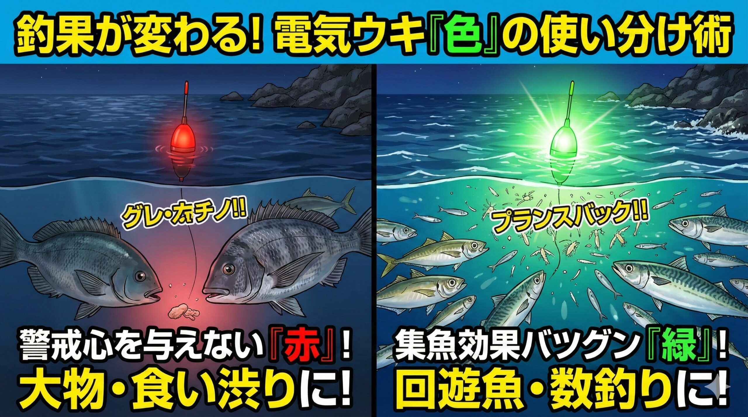 電気ウキの光は、魚に見えています。 それは便利な道具であると同時に、使い方を間違えれば魚を散らしてしまう「諸刃の剣」釣太郎